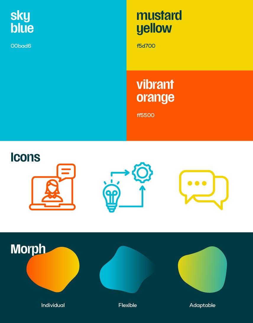 Branding elements including colours, icons and freeform morph device