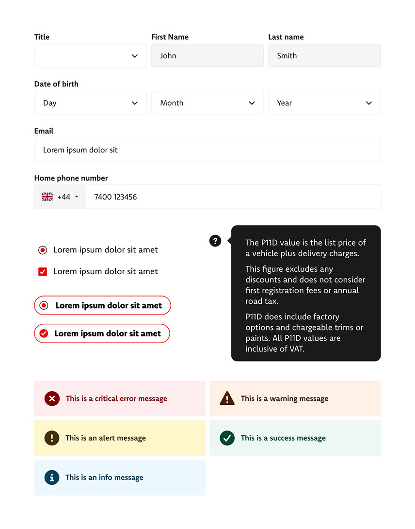 A selection of form, input and status elements